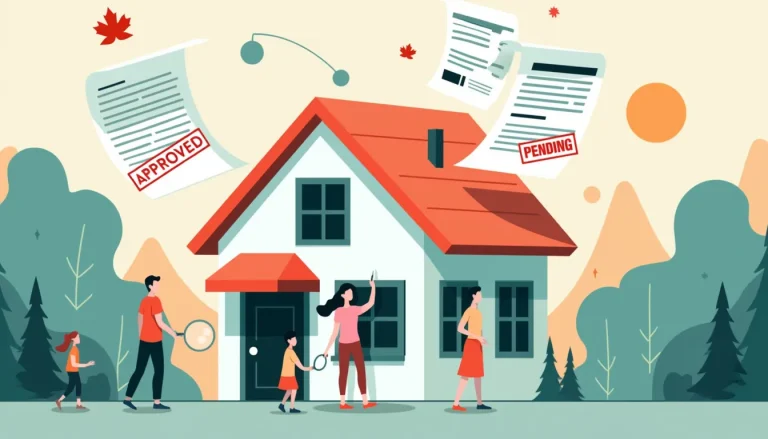 Create an image of a modern home surrounded by floating financial documents, such as mortgage papers and a consumer proposal, with visible stamped words li