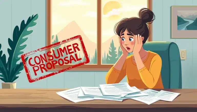 Create an image illustrating a worried homeowner sitting at a kitchen table piled with mortgage renewal documents and a large red stamp labeled Consumer Pr