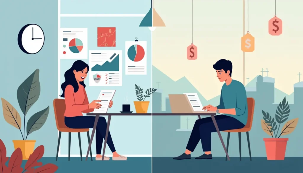 Create an image showing a split-screen view. On one side, depict a consumer proposal process with a person consulting a financial advisor in a modern offic