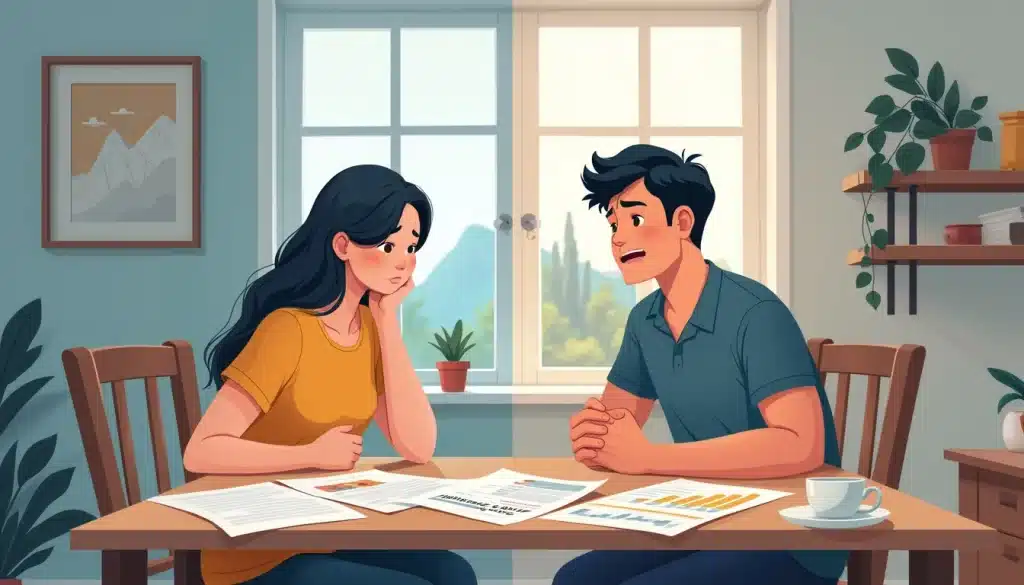 Illustrate a split-screen scene: on one side, a worried couple sits at a kitchen table covered with paperwork, with a document titled Consumer Proposal on