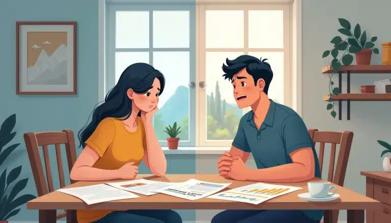 Illustrate a split-screen scene: on one side, a worried couple sits at a kitchen table covered with paperwork, with a document titled Consumer Proposal on