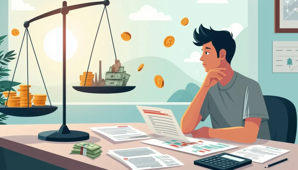 Create an illustration depicting a person at a desk filled with financial documents, calculators, and tax forms. The person looks thoughtful, surrounded by