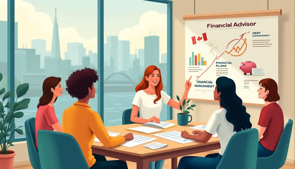 A serene, hopeful scene depicting a diverse group of people seated around a bright, welcoming table piled with papers labeled Financial Plans and Debt Mana