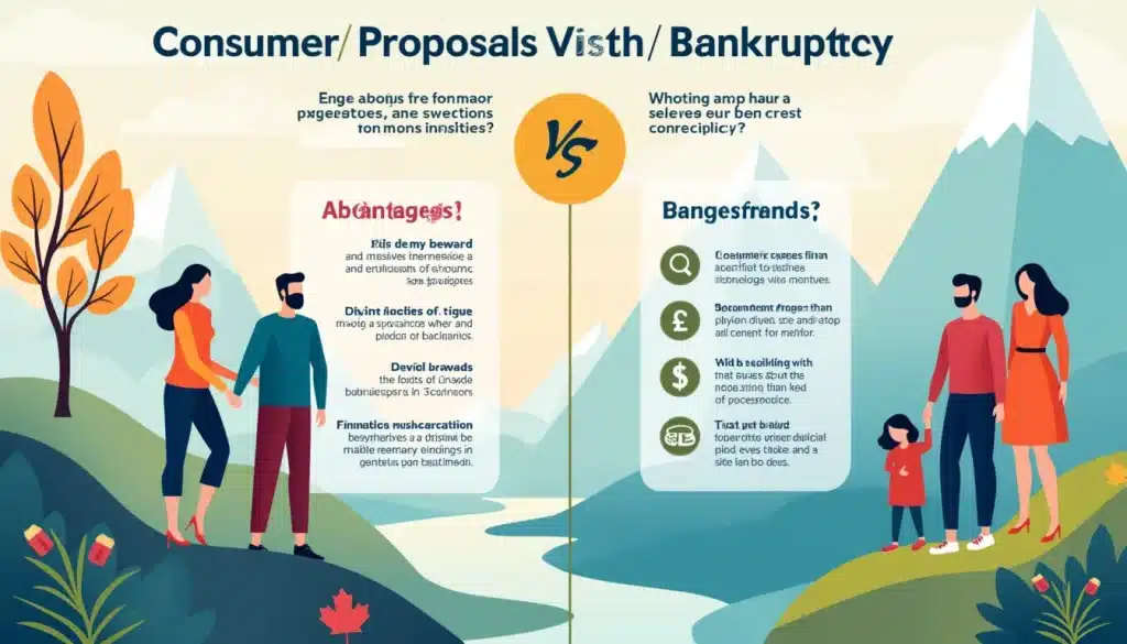 Create an infographic that visually compares and contrasts consumer proposals and bankruptcy. Incorporate elements like scales to represent balance, a spli