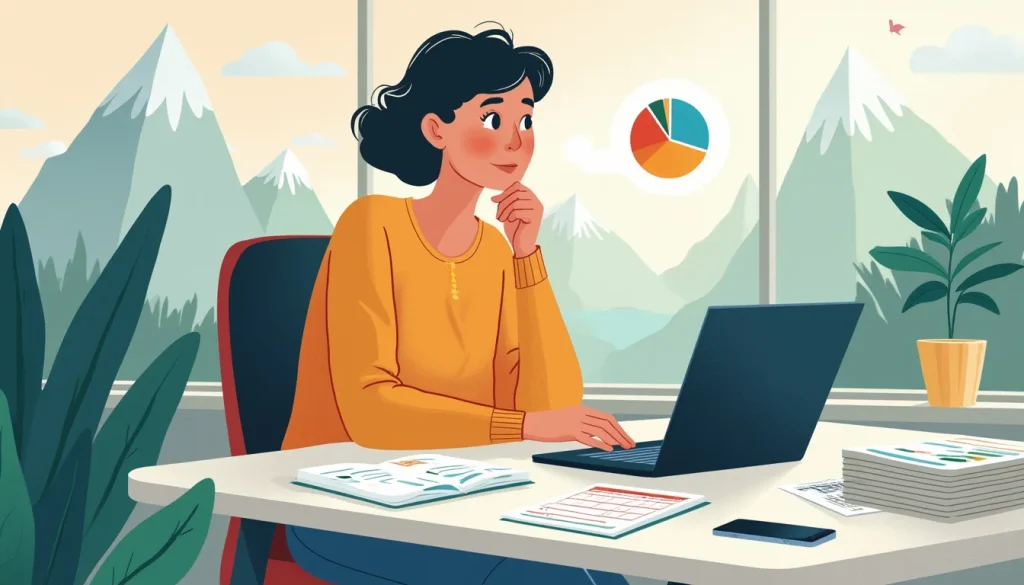 Create an image depicting a thoughtful individual sitting at a desk filled with financial documents, bills, and a laptop displaying a pie chart. The person