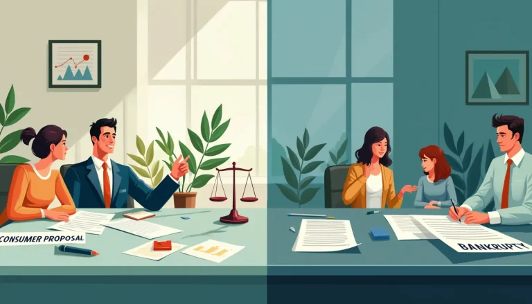 Create an image that visually represents the differences between a consumer proposal and bankruptcy. The scene is set in a courtroom with two distinct sect