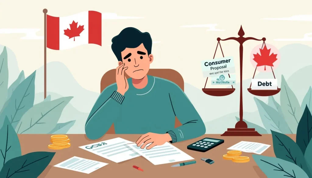 Create an image depicting a scene where a worried Canadian individual is sitting at a table piled with bills and financial documents. The person is surroun