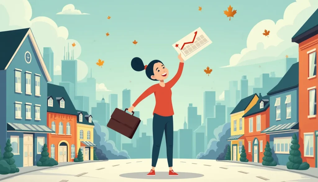 Create an image depicting a joyful and confident individual standing on a vibrant city street, holding a briefcase overflowing with financial documents sym