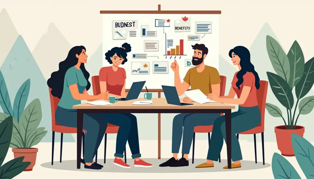 Create an image featuring a group of diverse people sitting around a table in a modern office setting, engaged in a brainstorming session for a consumer pr