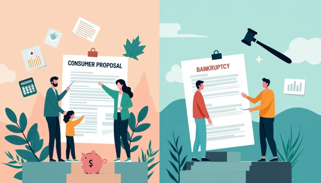 Create an image that visually compares a consumer proposal and bankruptcy. On one side, depict a person standing next to a piece of paper labeled Consumer