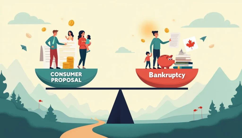 Create an image depicting a scale with two balanced sides, one labeled Consumer Proposal and the other labeled Bankruptcy. On the Consumer Proposal side, i