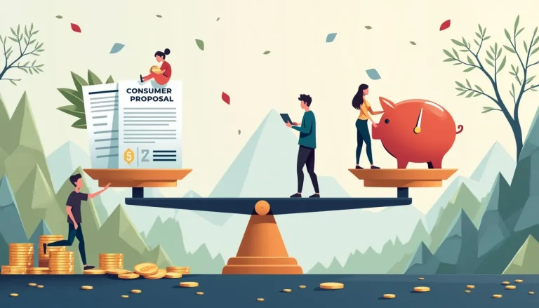 A detailed illustration depicting the concept of a consumer proposal's impact on credit rating. The image features a scale balancing two elements: on one s